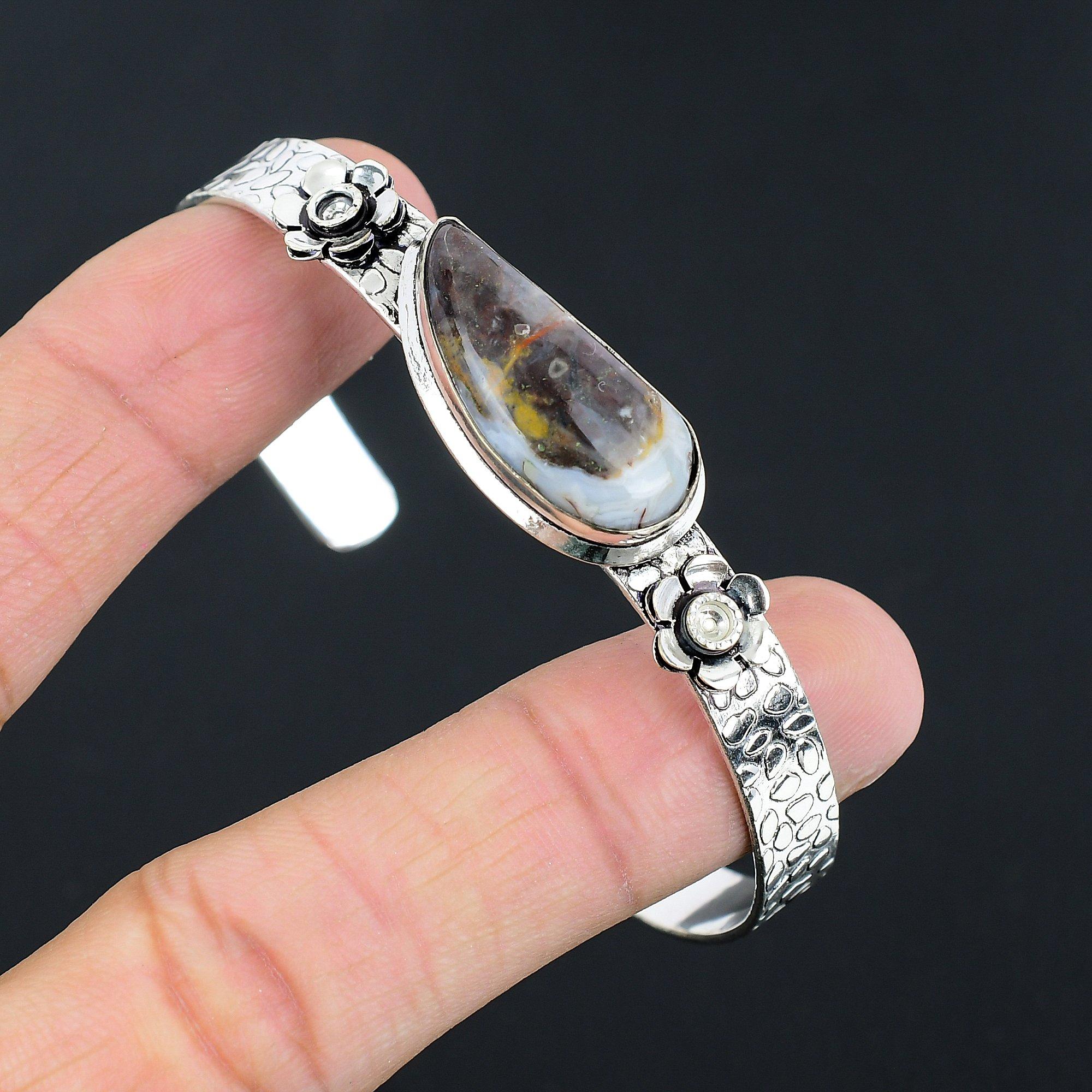 

Friendship Day Deal 925 Sterling Silver Fruit Jasper Gemstone Flower Boho Bangle Adjustable