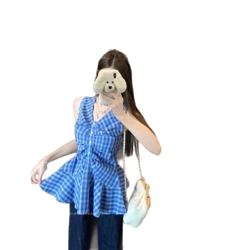 Korean neck V-neck sleeveless sling vest women's design sense waist temperament plaid shirt top women's autumn