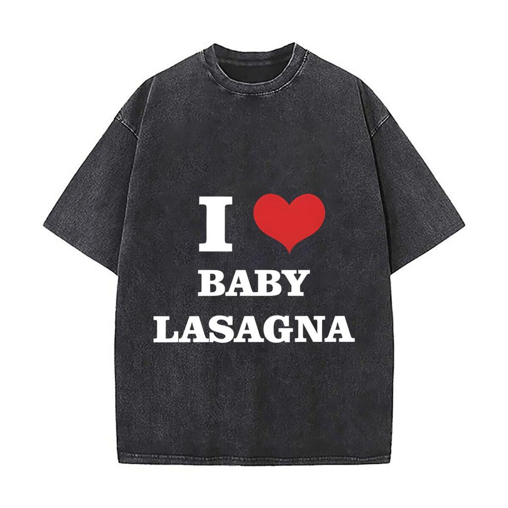 Ich liebe Baby Lasagne Niedliches Lebensmittel-Thema Design Lockeres Einfarbiges Ausgebleichtes T-Shirt Amerikanischer Lässiger Rundhals-Oberteil