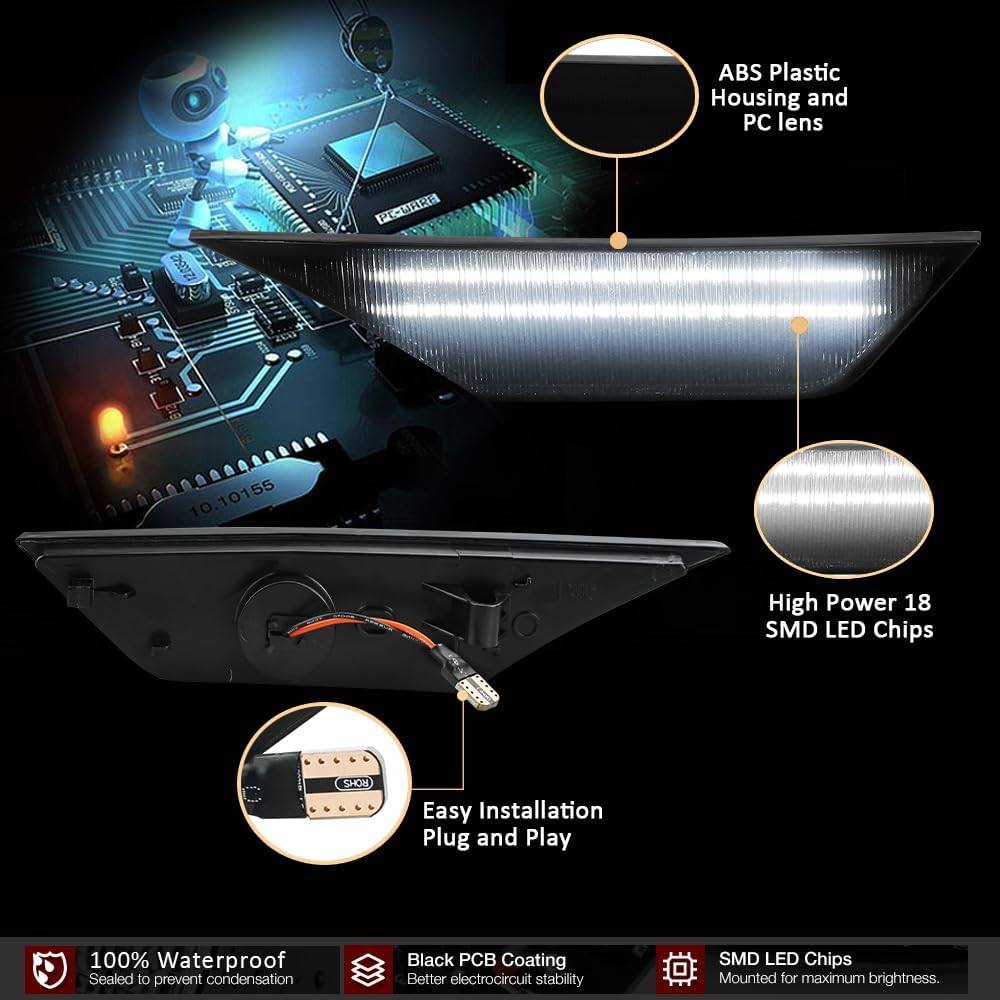 D-Lumina LED Side Marker Lights Smoked Lens White For Honda Civic 2016- 10Th Gen Civic Sedan Coupe Hatchback, Front Bumper Fender Side Marker Light,