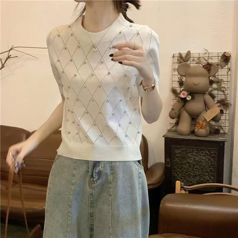 Women Diamond Grid Rhinestone Knit T-shirt Crew Neck Short Sleeve Fitted Casual Sweater