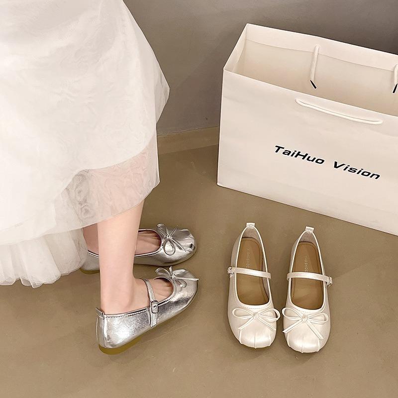 Silver flat ballet single shoes women's new temperament bow word with Mary Jane shoes