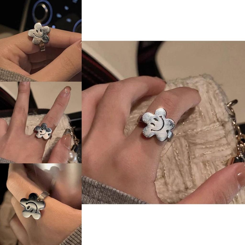 Stilvoller Hip-Hop-Ring mit Blumen-Smiley-Gesicht, einzigartiges verstellbares Kupferdesign für Damen