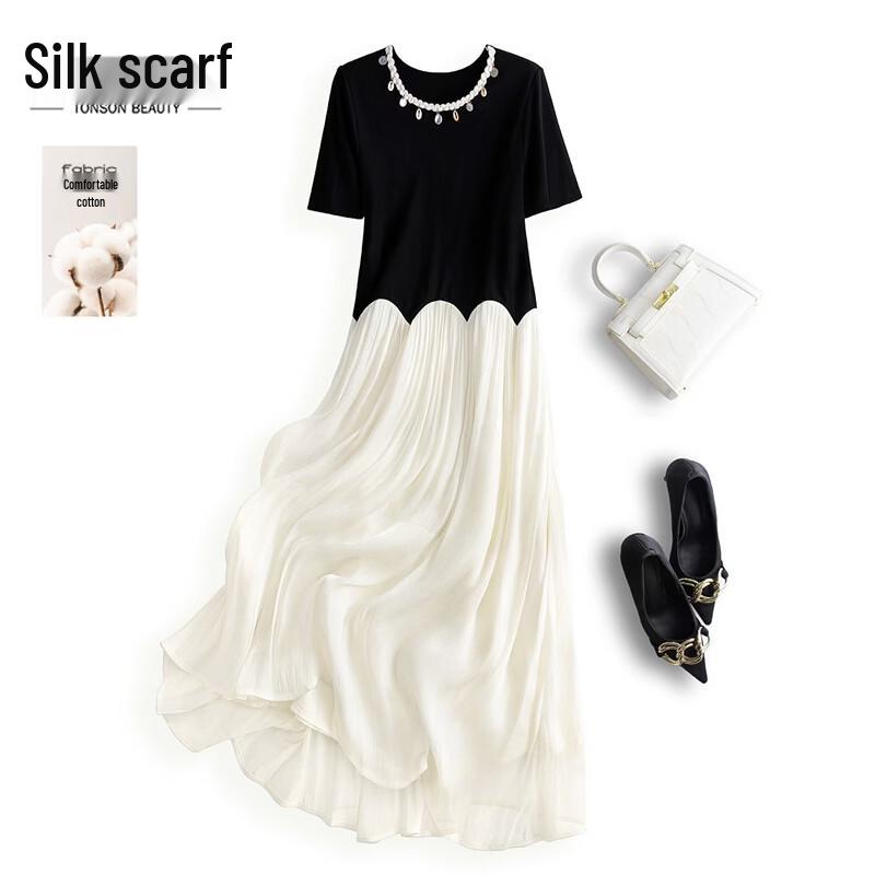 Women s Round Neck Colorblock Short Sleeve T-Shirt Dress M