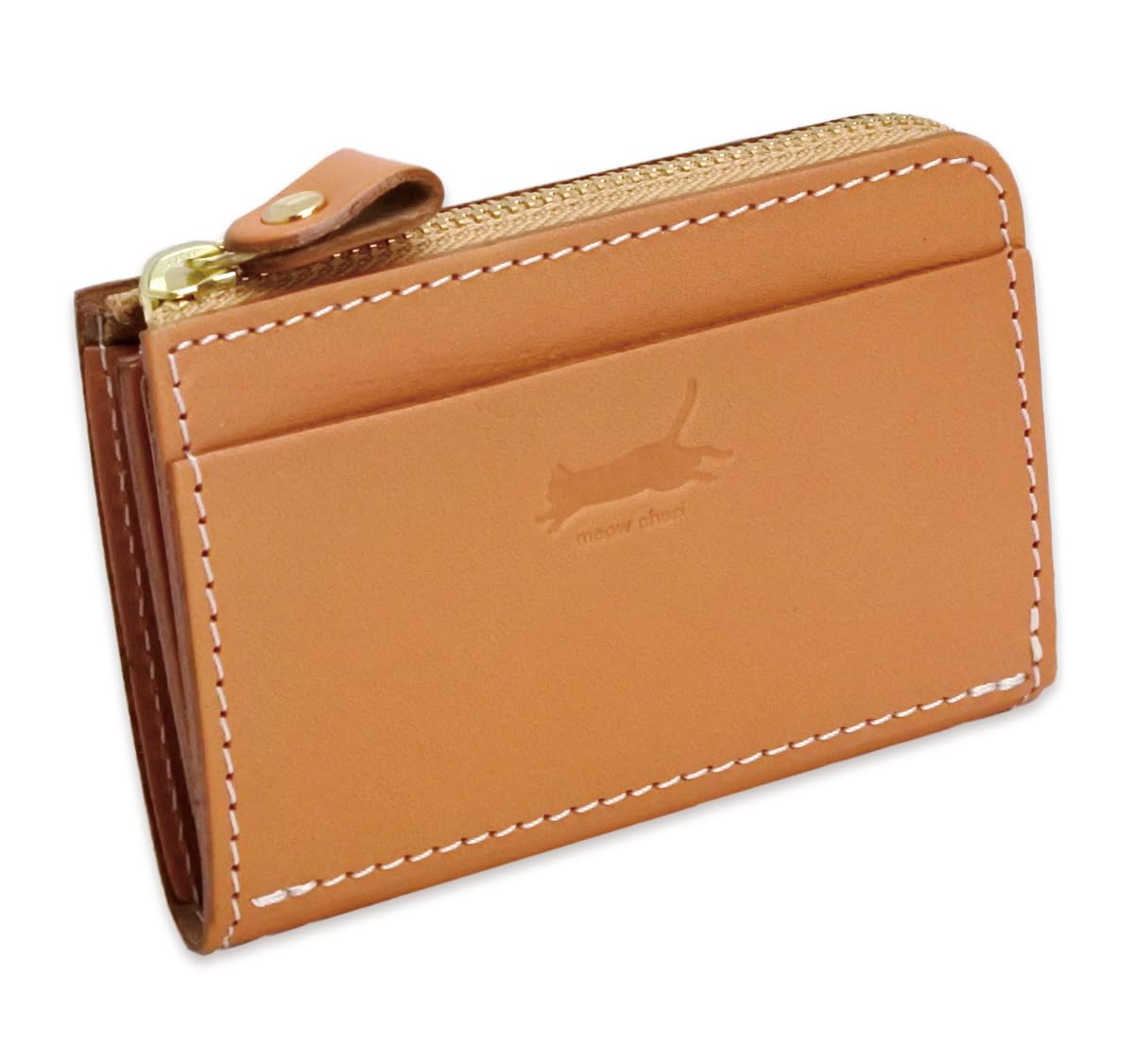 

meow cheri cat coin purse, card case, genuine leather, L-shaped zipper, compact, Tochigi leather, Himeji leather, stylish, cute, slim, gift for cat