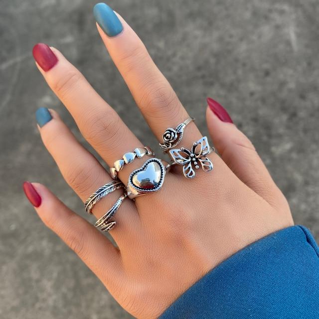 6pcs Vintage Gothic Butterfly Angle Flower Multi Element Ring Set For Women Men Retro Personality Finger Ring Gifts