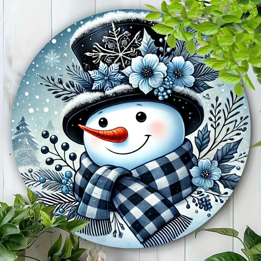 Blue Floral Buffalo Plaid Snowman Winter Christmas Tin Sign Vintage Durable Metal Plaque Wall Decor Holiday Home Wall Art
