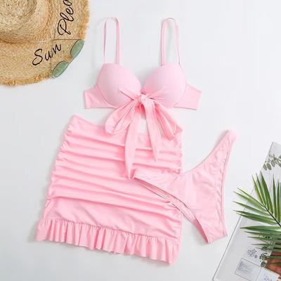 New Sexy Solid Color With Skirt Bandeau Bikini Female Swimsuit Women Swimwear Three-pieces Bikini Set Bather Bathing Suit