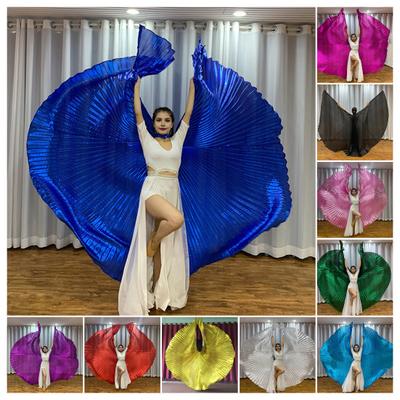 1 Set Performance Cape with Telescopic Rod 360 Degree Belly Dance Wings Egyptian Costume Pleated Bright Color Luster Surface