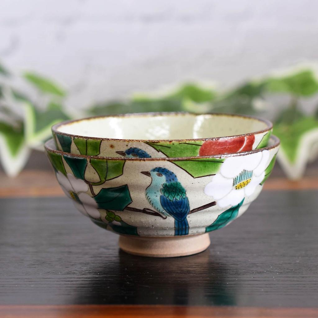 Waza No Kura Pair Rice Bowls Stylish Japanese Tableware Kutani Ware Rice Bowls with Camellia and Bird Design Ceramic Tableware Made In Japan Perfect