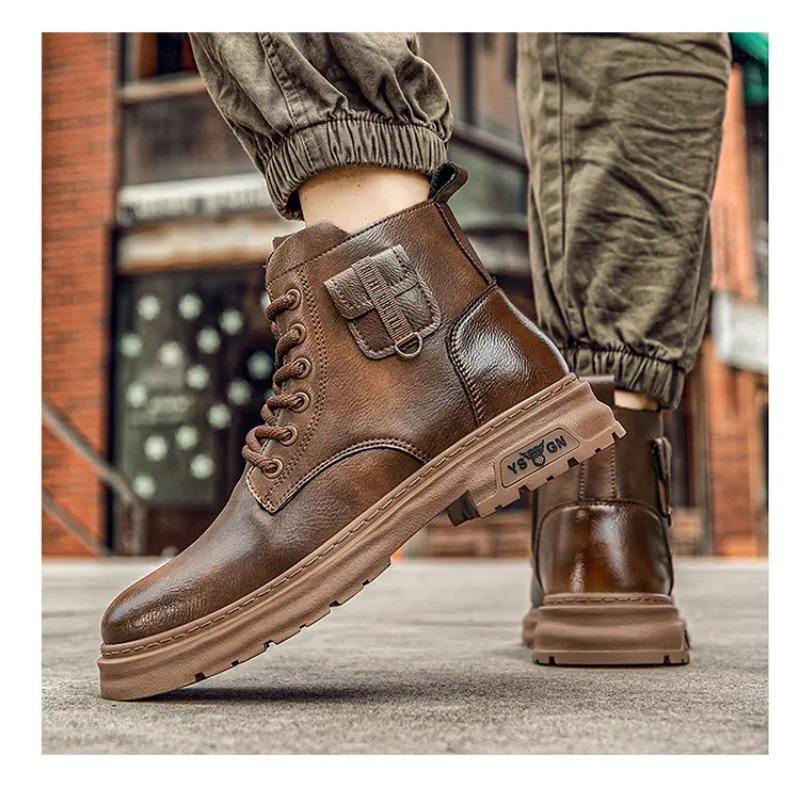 Botas de Cano Curto de Couro Estilo Britânico com Cadarço Botas Masculinas Botas Clássicas de Motociclista Sapatos Masculinos de Cano Alto