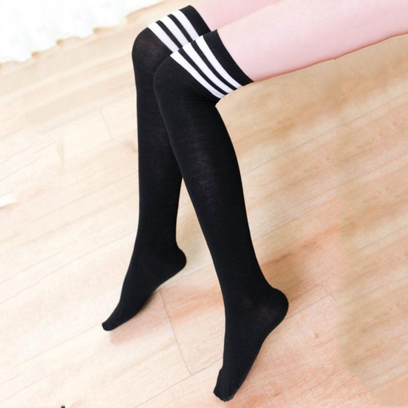 Knitted Women'S Lolita Stockings Large Elastic Polyester Cotton Girl Over Knee Stockings Cute Black White Striped Low Tube Socks