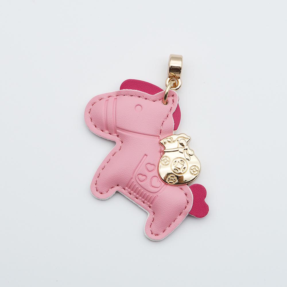 Instant Wealth Leather Keychain with Cartoon Pony Pendant for Couples – Trendy Bag and Car Accessory