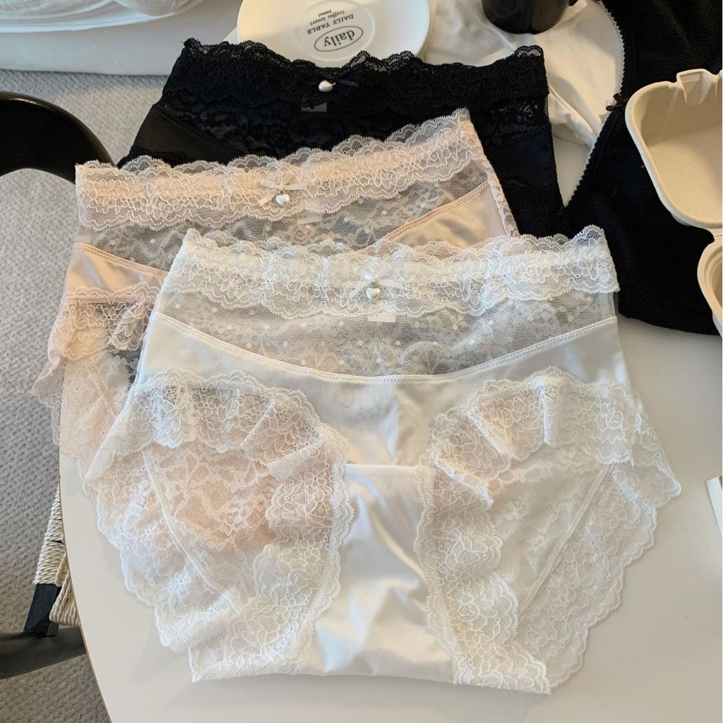 Female Summer Sexy Lace Pure To Light Luxury Satin Pure Cotton Crotch Waist Triangle Briefs