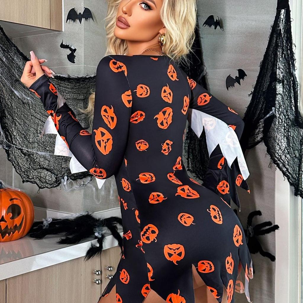 Rochie Sexy Cosplay de Halloween cu Imprimeu Dovleac Întunecat