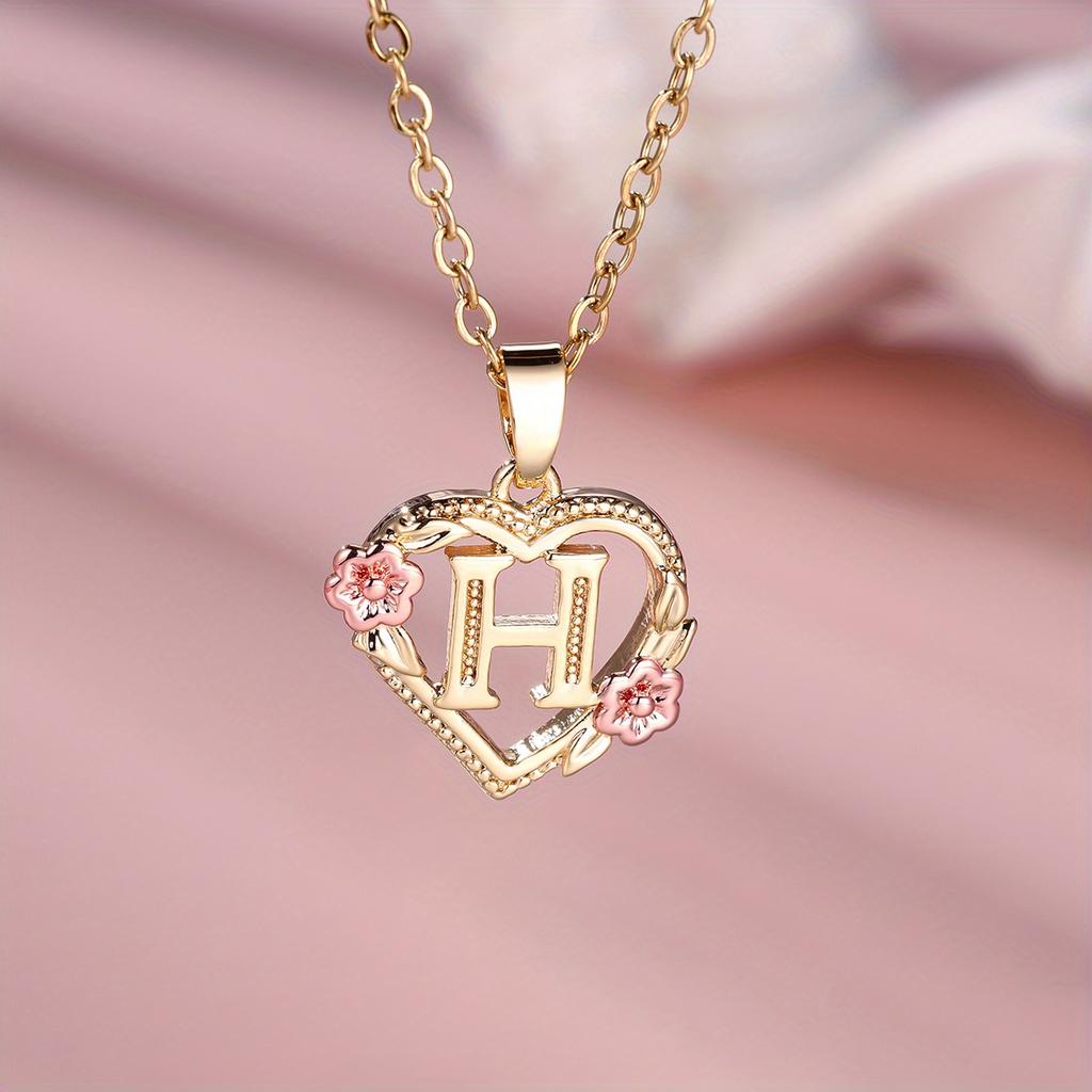 1 Pc Golden Color 26 English Letter Heart Necklace Rose Flower Pendant Wedding Band Jewelry Valentine's Day Gift