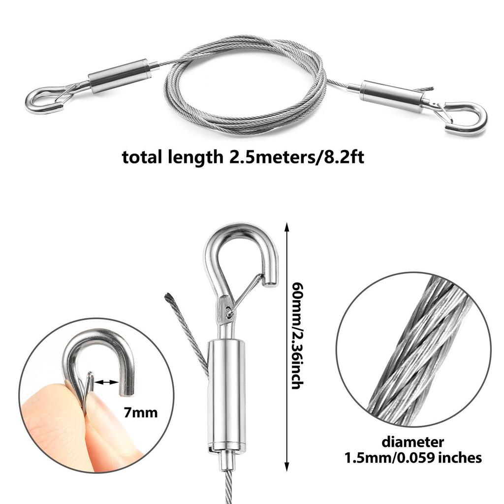 Adjustable 304 Stainless Steel Picture Hanging Wire with Double Hook for Lighting Suspension - 2PCS Pack