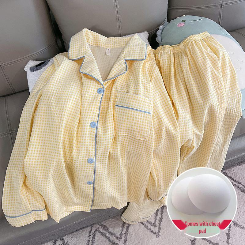 Women's Spring/Autumn Pajama Set: Thin Cloud Cotton with Chest Pads, Long-Sleeved Cardigan, Sweet and Cute Homewear.
