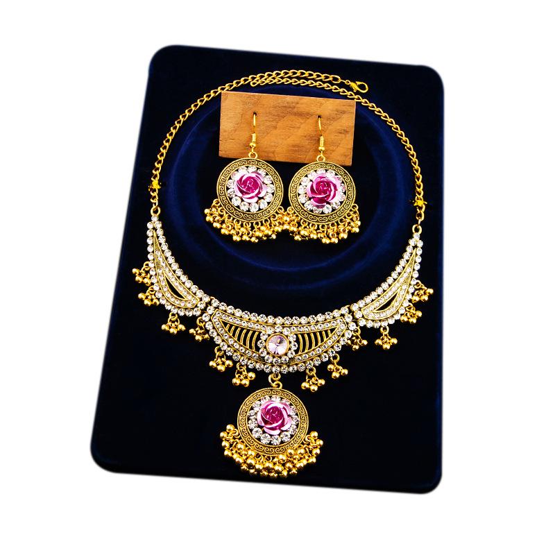 Metal Rose Necklace, Exotic Retro Ruby Earrings, Fashionable Literary Tassel Set