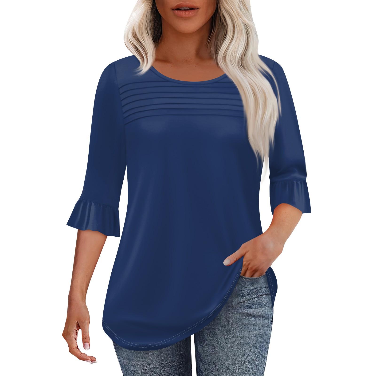 

Жіноча модна плісирована верхня частина з 3/4 рукавами та круглим вирізом L Темно-синій