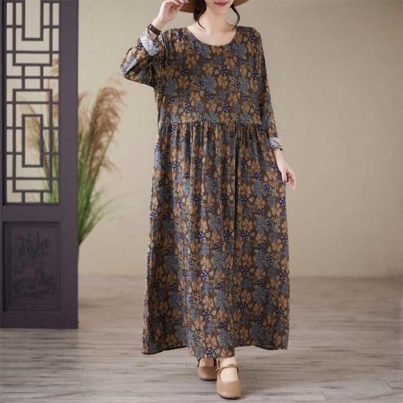 Printed Round Neck Loose Plus Size Long Sleeve Plus Cover Up Dresses
