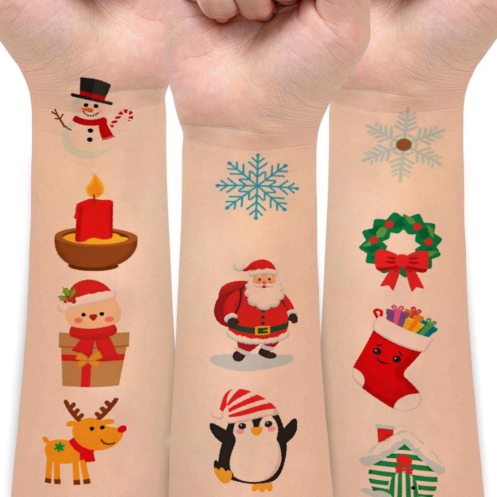 63pcs Temporary Tattoo Christmas Gifts Temporary Tattoo Stickers Penguin Santa Claus Cartoon Elf For Children Shoulders Girls