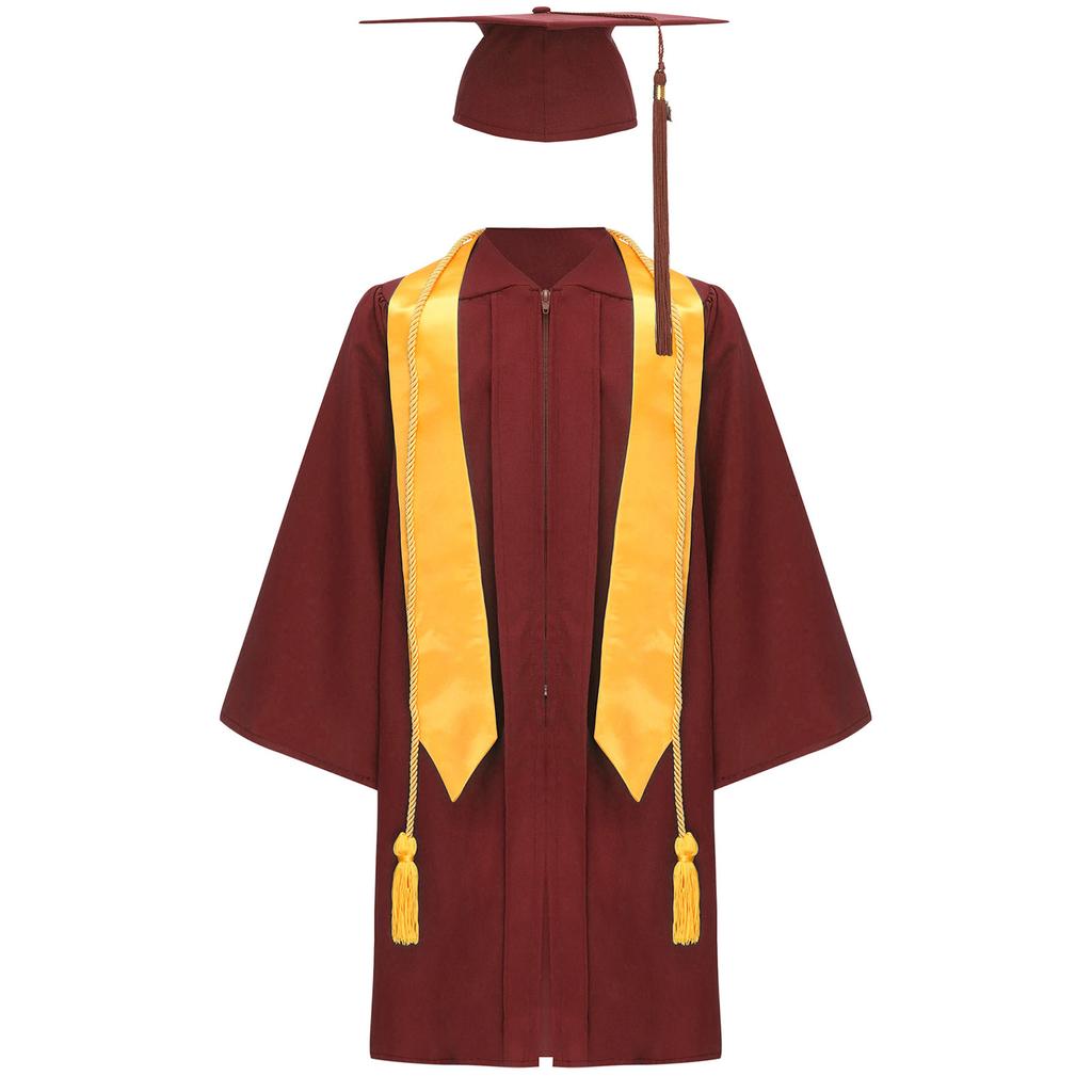 Unisex Kids Graduation Gown Set V Neck Long Sleeve Front Zipper Robe Academic Hat Stole Tassel Ceremony Outfit