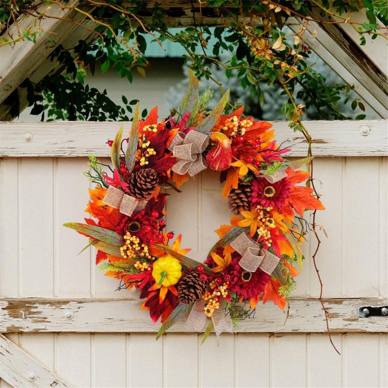 Artificial Autumn Wreath for Front Door Farmhouses Garden, Harvest Wreath with Pumpkins Thanksgiving Party Decorations