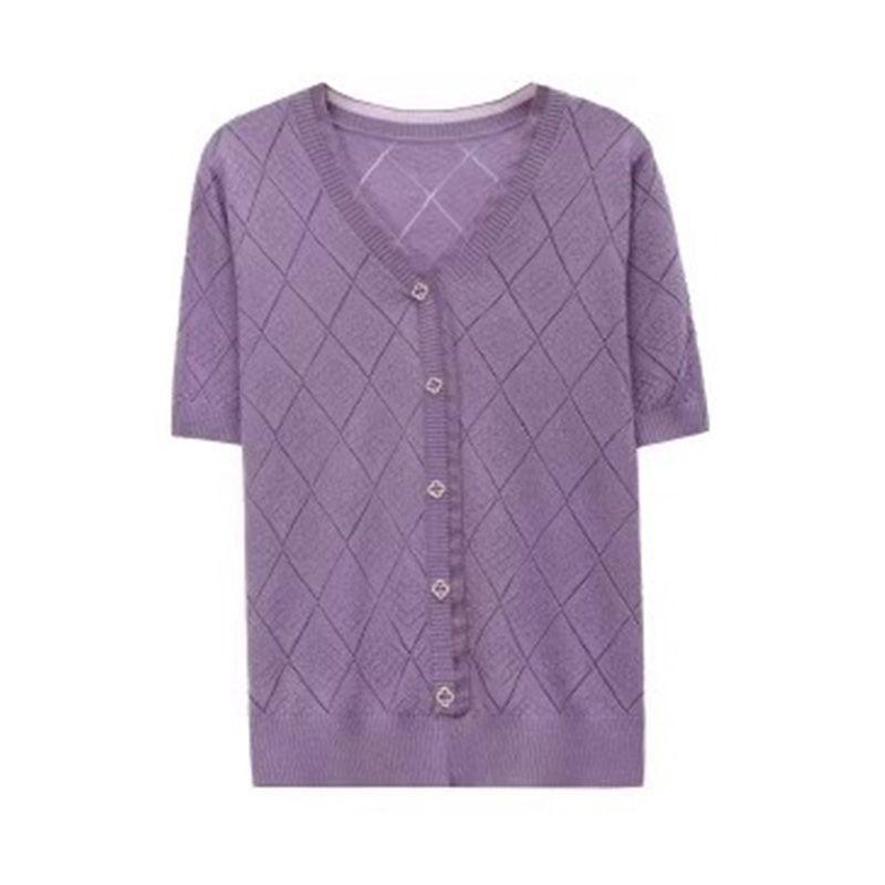Summer V-neck Knitted T-shirt for Women Ice Silk Knit Sweater Loose and Thin Short Top