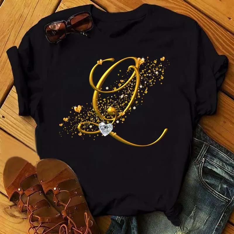 Custom Name Letter Combination Fashion Women T-shirt Diamond Gold Letter Font Short Sleeve Tops Black T-shirt