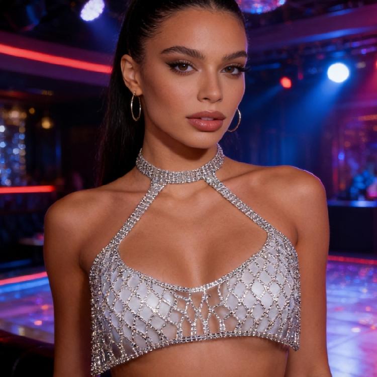 Eye Catching Mesh Body Chain With Glitters Rhinestones Backless Sleeveless Clubwear Suitable For Travel And Photo Props