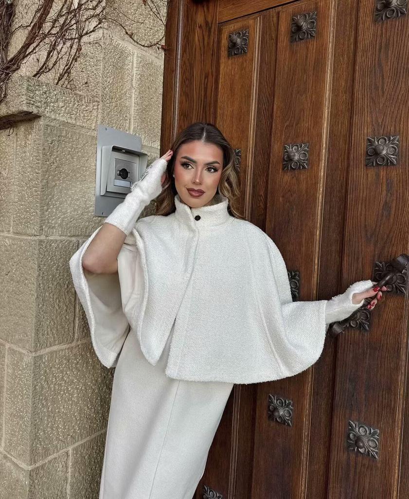 Women's Coarse Wool Stand Collar Cape Coat - Spring 2025 European & American Style, Hidden Button, Short Jacket Top
