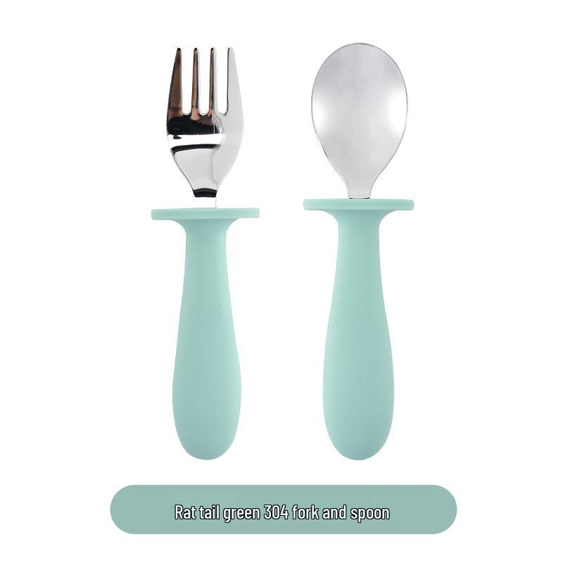 304 Stainless Steel Baby Feeding Set: Long-Handled Silicone Fork & Spoon