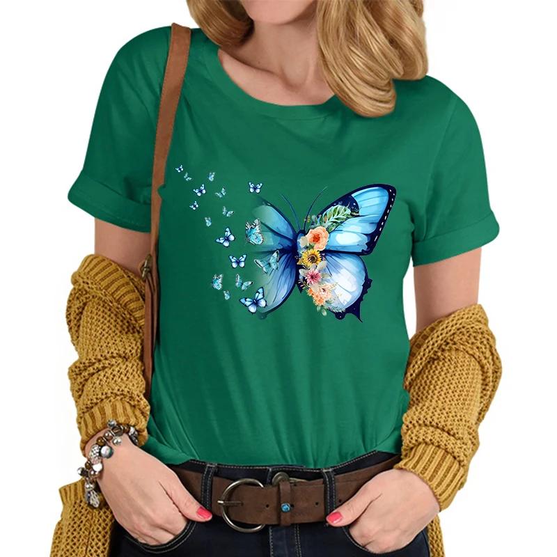 Flower Butterfly Lover Casual Tops Vintage Flower Design Tshirt Female Butterfly Print Premium Casual Short Sleeve TShirt Women