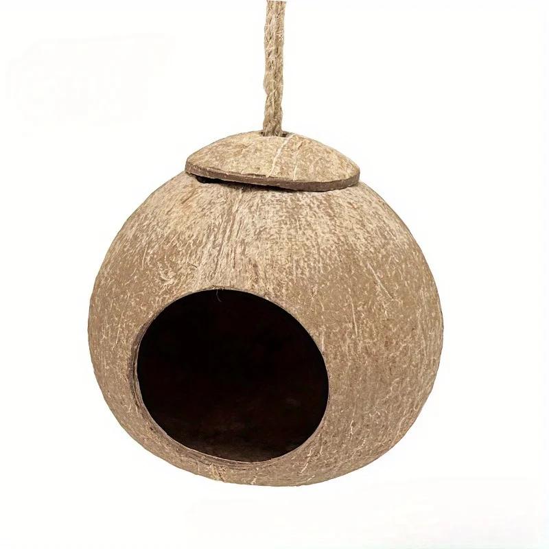 1Pc Natural Coconut Shell Bird Nest House with Hanging Lanyard for Pet Parrot Budgie Unique Hand-Made Birdhouse Toys