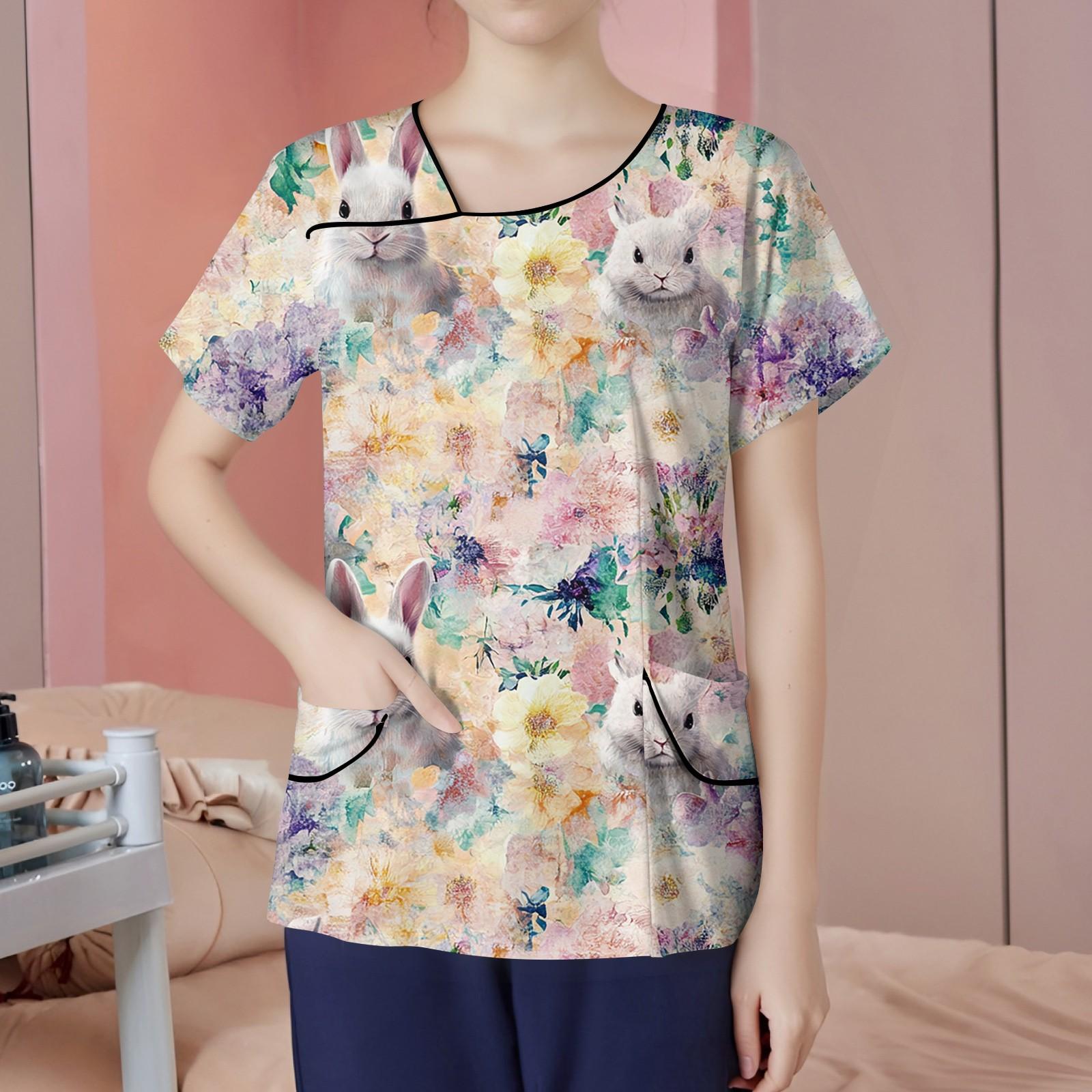 

Женская повседневная рабочая одежда с короткими рукавами и наклонным воротником с принтом и двойными карманами XXXXXL