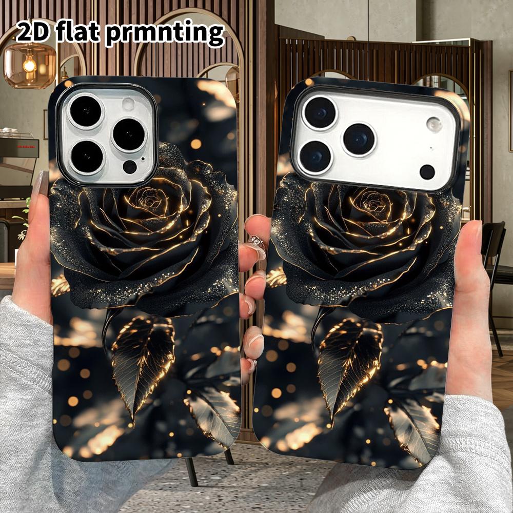 Phone Case: 2D Flat Suitable for iPhone 18 17 16 15 14 13 Pro Film Protective Case, Couple Style, Black Gold Rose, Christmas and Halloween Gift