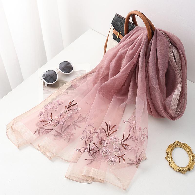 Four Season silk wool scarf women hijab pashmina shawls wrap Bandana Blanket Floral Pashmina Embroidery Scarves Foulard