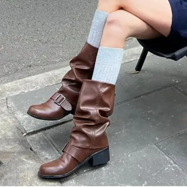 

Vintage Motorcycle Boots Knight Boots Women Spring Autumn New High-heeled French Boots Pleated Brown Women s Boots C1122 40