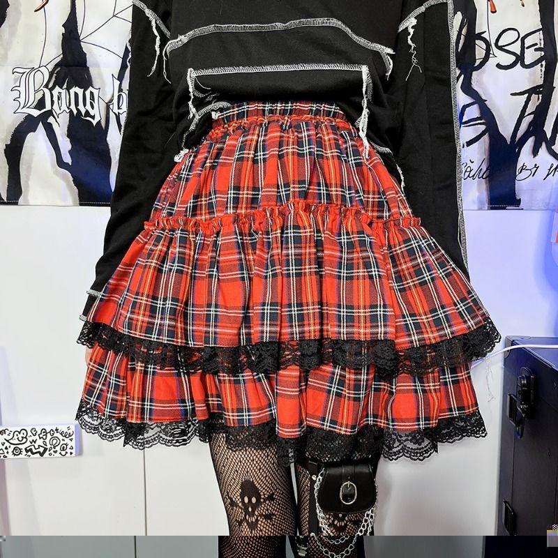 Gothic Mini Skirt  Preppy Style Skirts Women Chic Japanese  High Waist A-line Summer Plaid Patchwork Lace Skirt