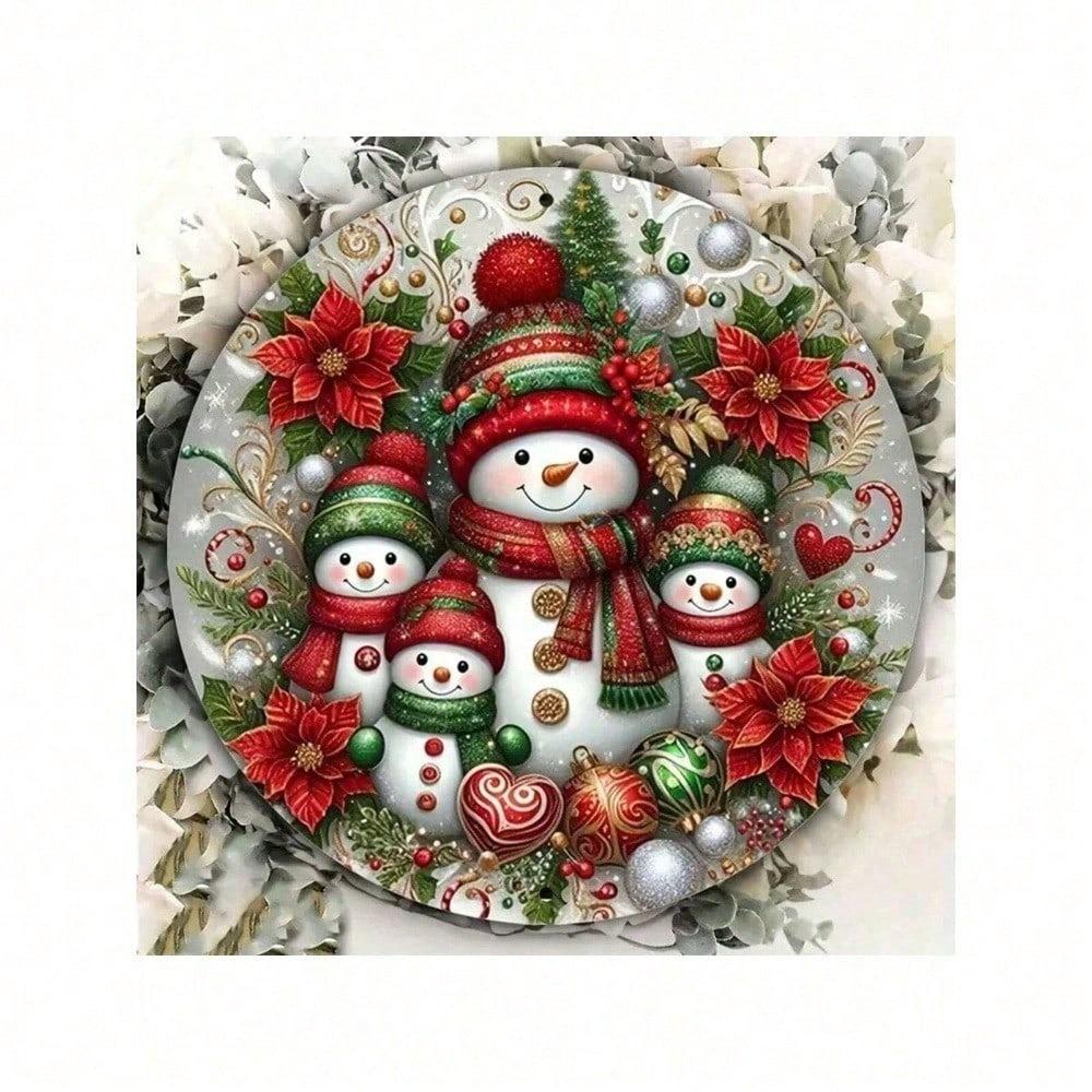 Panneau Métallique Famille Bonhomme de Neige de Noël 20x20 cm Rond en Fer Blanc Décor Mural Intérieur Haute Qualité Résistant aux Intempéries