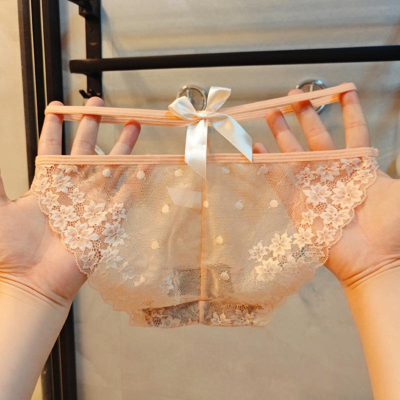 Women's Lace Transparent Sexy Underwear Bow Hollow Low Waist Cotton Crotch Triangle Pants