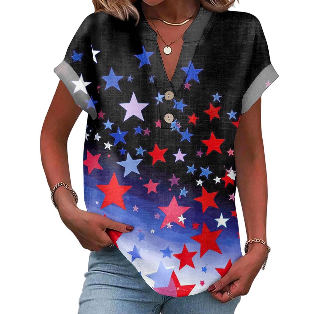 Women's Casual Fashion V-Neck Button Independence Day Print Short Sleeve Top