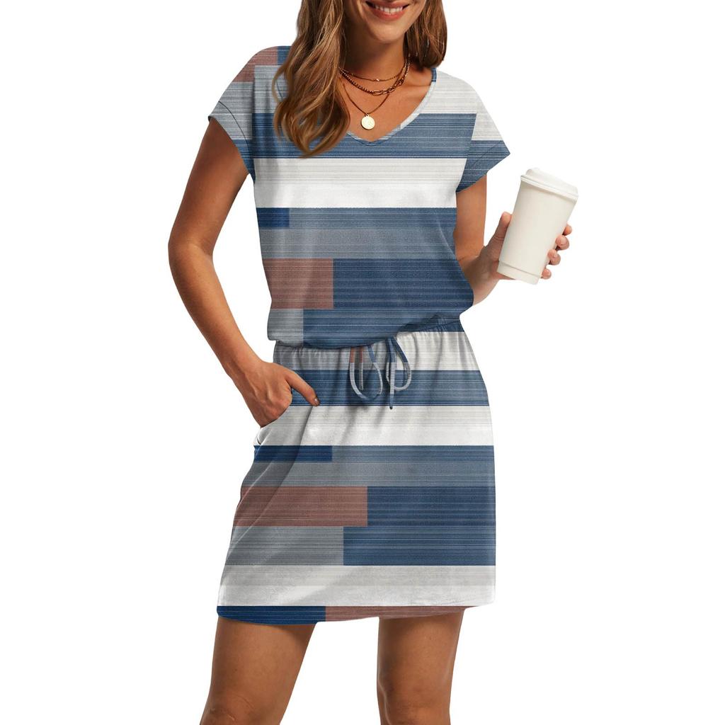 Women's Fashion V-Neck Short Sleeve Drawstring With Pocket Printed Casual Dresses