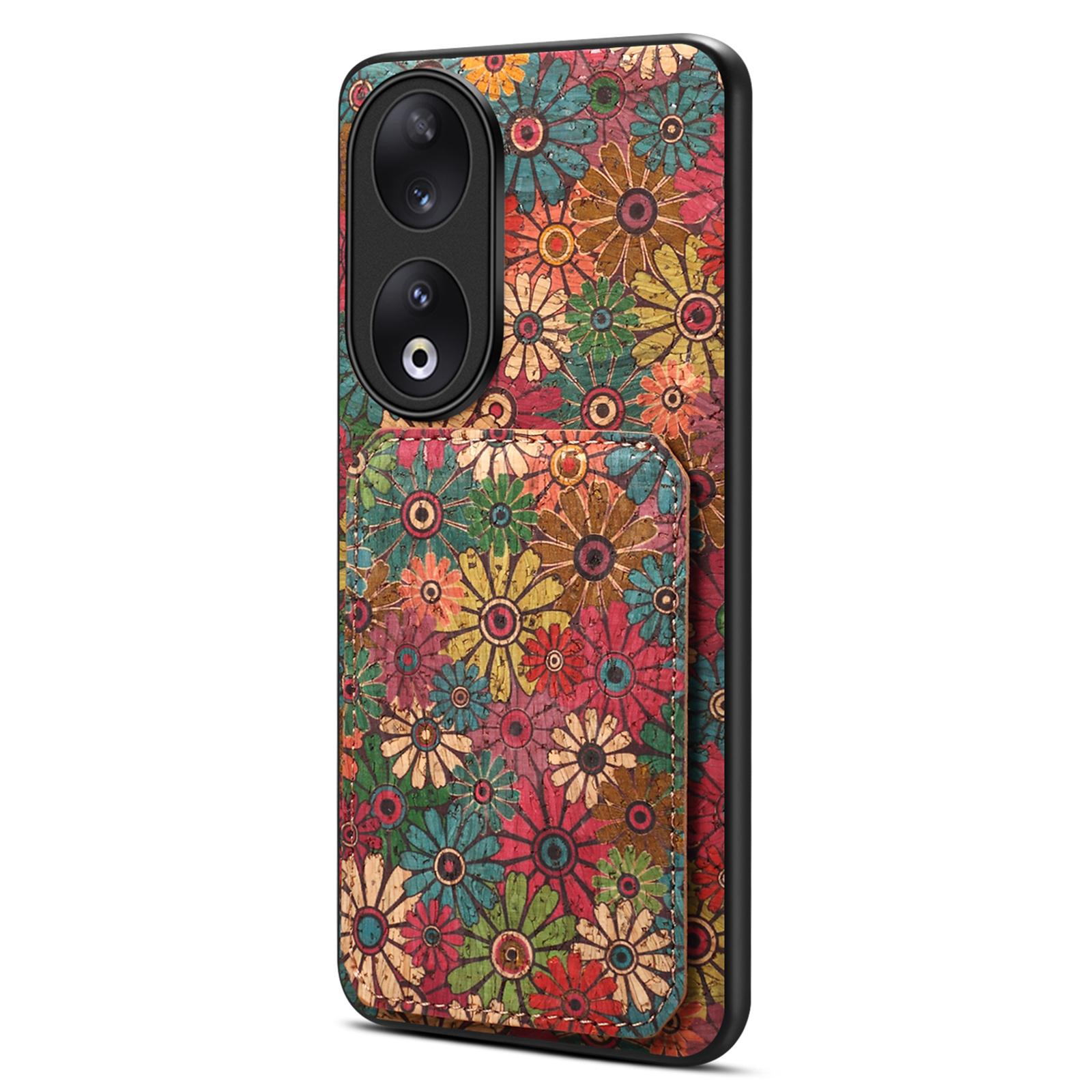 For Honor 90 Flower Pattern Leather Case Card Holder Kickstand Shockproof Cover A