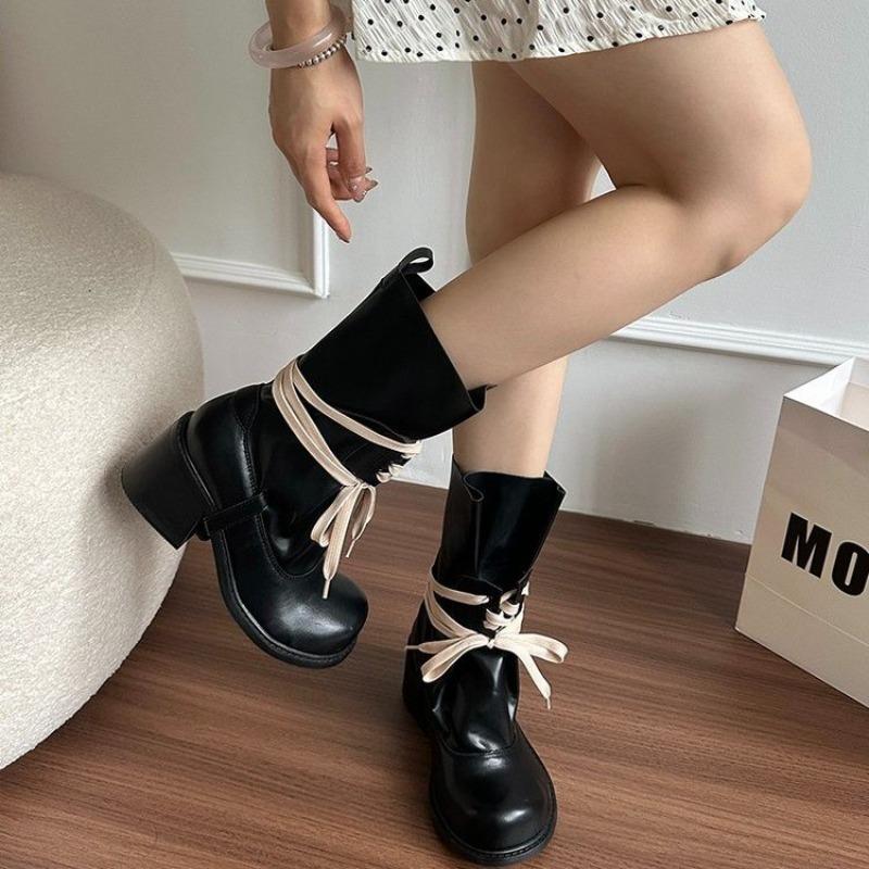 New Luxury Retro Matte Punk Style Front Lace Up Mid Calf Lady Boots Round Toe Platform All-Match Casual Shoes Chunky Heels Boots