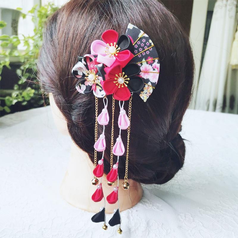 Japanese Kimono Handmade Fabric Flower Folding Fan Hair Accessories Clip Tassel Headwea Headdress Barrette Yukata Festvial Deco