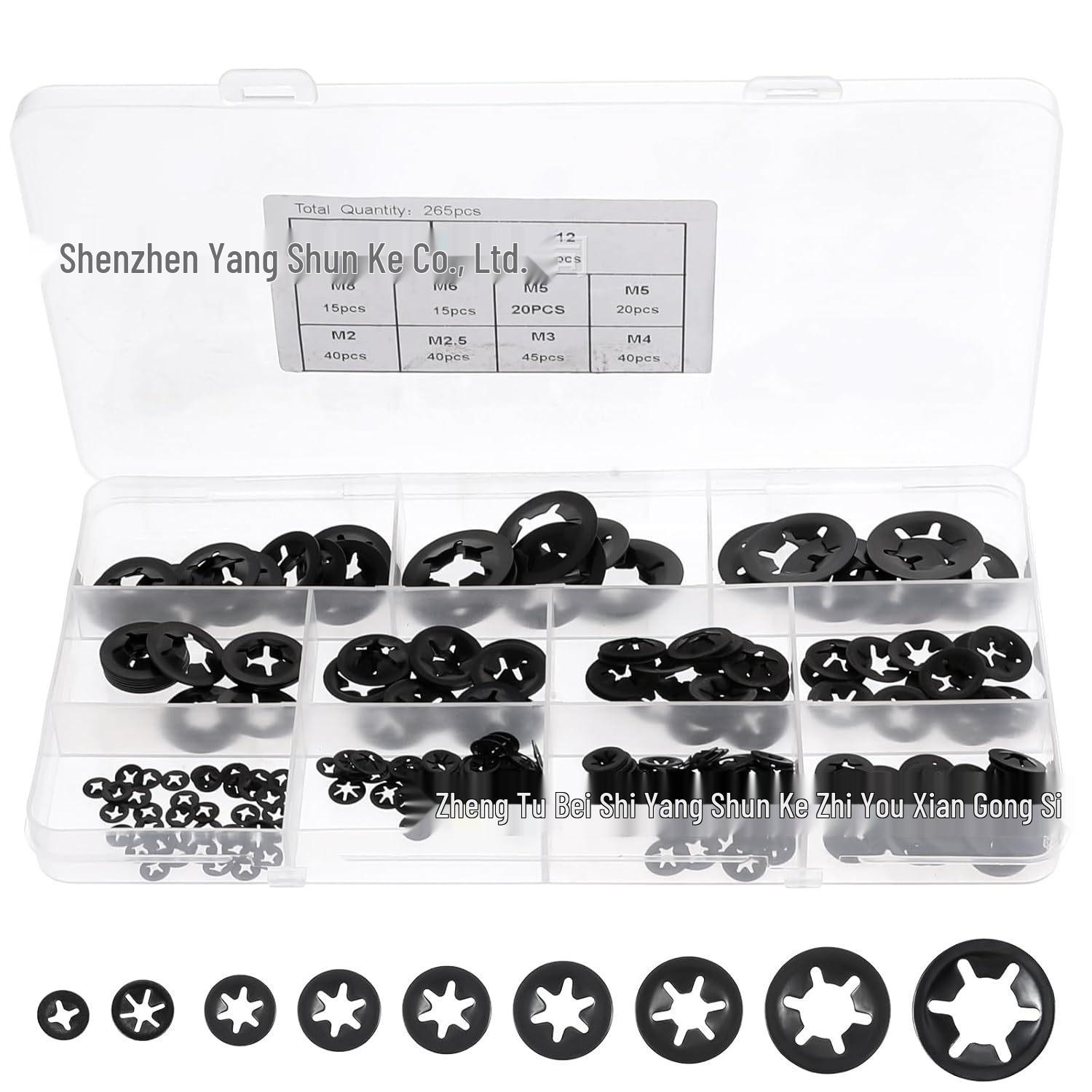 

265-Piece Boxed Set: 65 Manganese Steel Circlip Retaining & Internal Tooth Star Lock Washers (M2-M12)