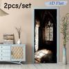 2pcs Gothic Church Painted Glass Door Wall Stickers Retro Arched Door Decorative Stickers Self Adhesive Removable Living Room Be