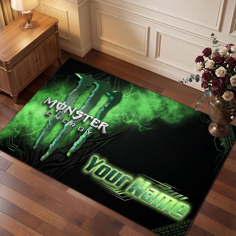 Monster Energy Personalisierter Kristall-Samt-Teppich, Benutzerdefinierter Namens-Text Weicher Anti-Rutsch-Teppich für Wohnzimmer Schlafzimmer